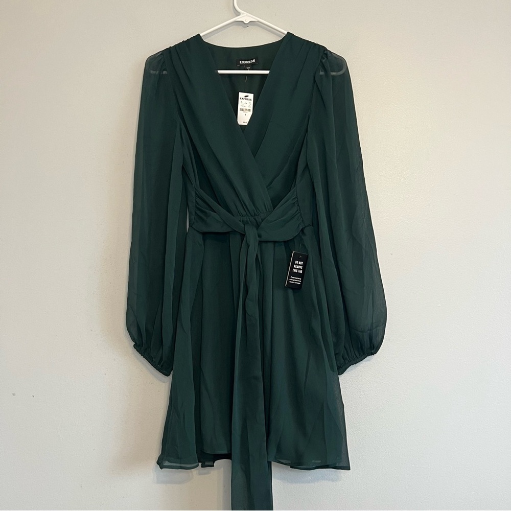 NWT Express Blouson Long Sleeve Tie Wrap Mini Dress Sz S Green Meshed Party - Picture 2 of 13